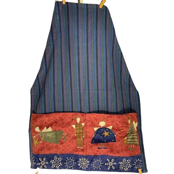 Vintage Holiday Angel Youth Apron 26" Festive Stripes Pockets Waist Tie Baking - Picture 1 of 9